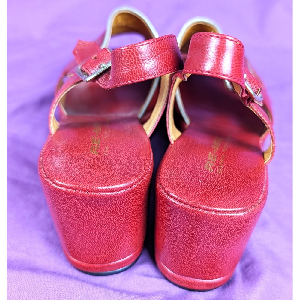 Re-mix Vintage Red L'amour Wedge Belted Sling Back Layered Sz 8 Peep Toe - Picture 3 of 12